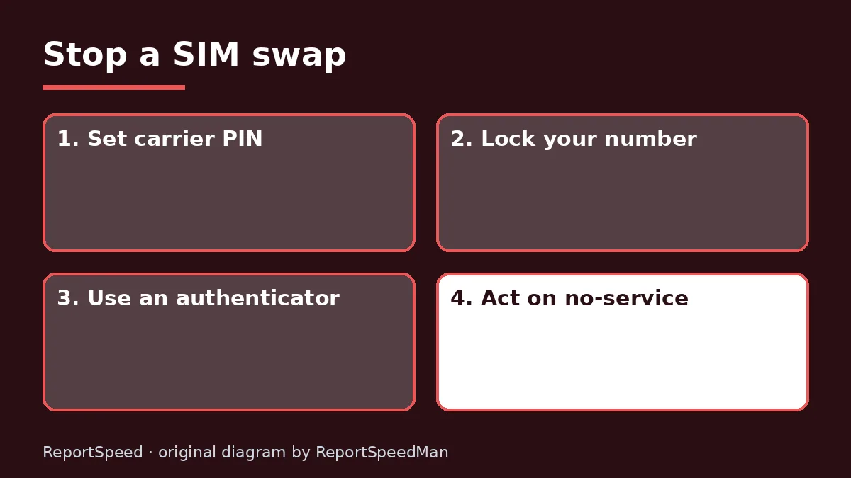 Diagram: Stop a SIM swap — Set carrier PIN; Lock your number; Use an authenticator; Act on no-service