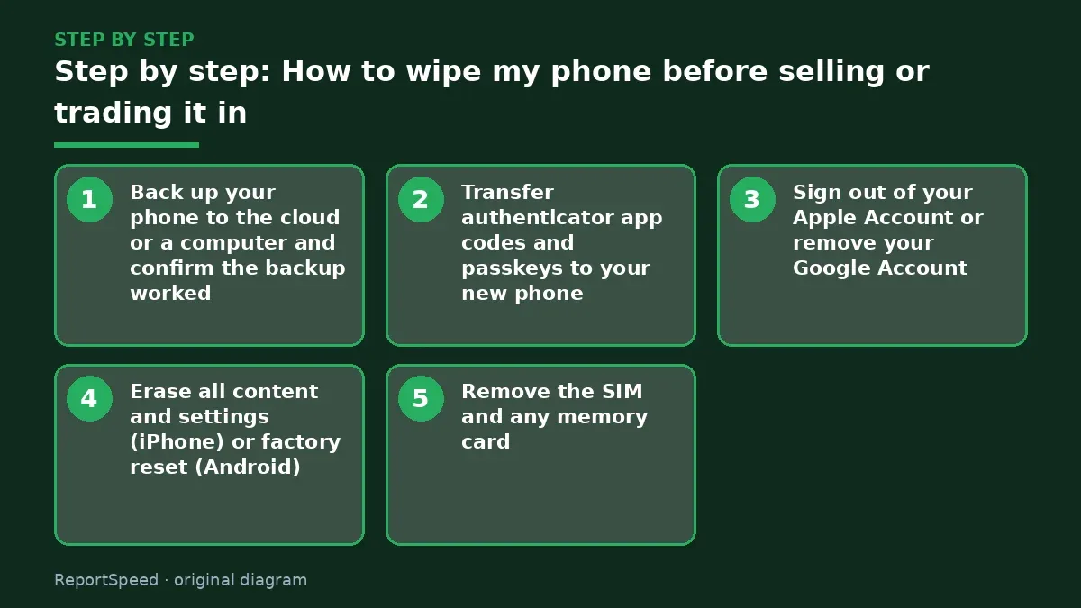 Step illustration: numbered steps for How to wipe my phone before selling or trading it in