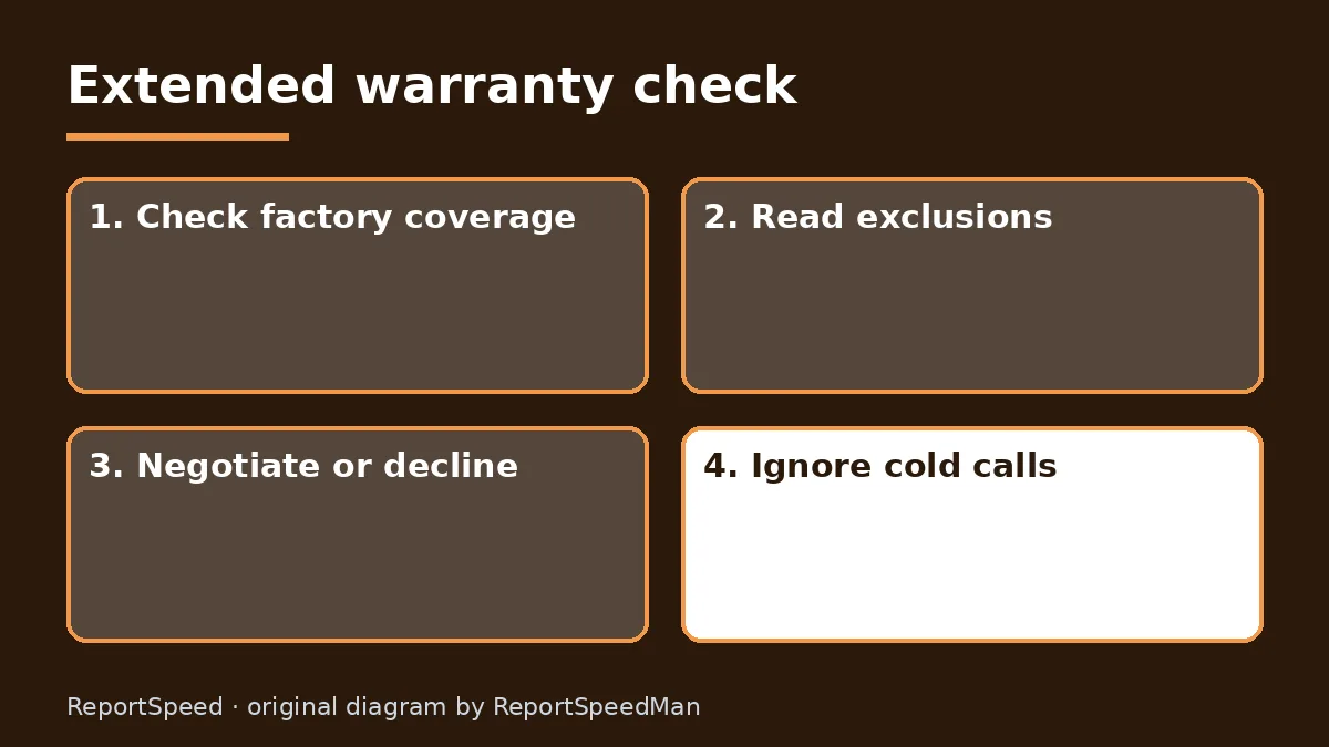 Diagram: Extended warranty check — Check factory coverage; Read exclusions; Negotiate or decline; Ignore cold calls