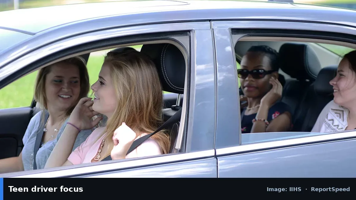 IIHS photo of teenagers in a car (IIHS official image), annotated: Teen driver focus