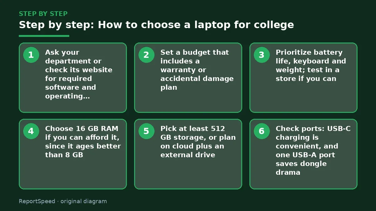 Step illustration: numbered steps for How to choose a laptop for college
