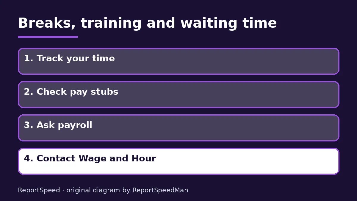 Diagram: Breaks, training and waiting time — Track your time; Check pay stubs; Ask payroll; Contact Wage and Hour