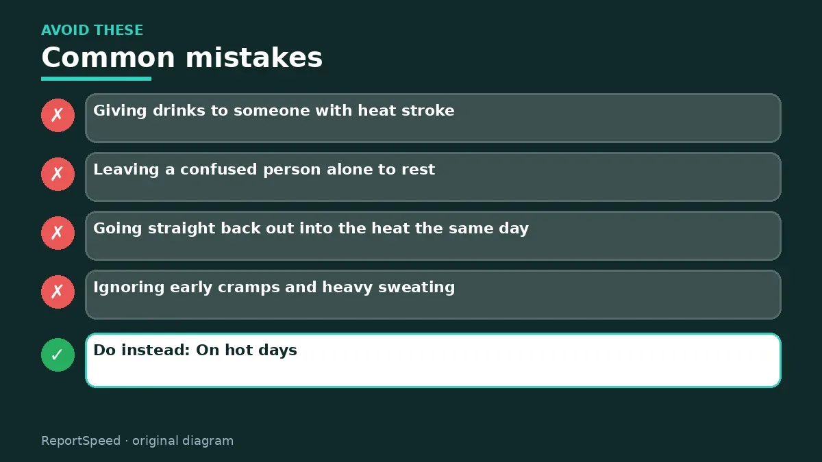 Callout graphic of common mistakes to avoid and what to do instead for Heat exhaustion vs heat stroke