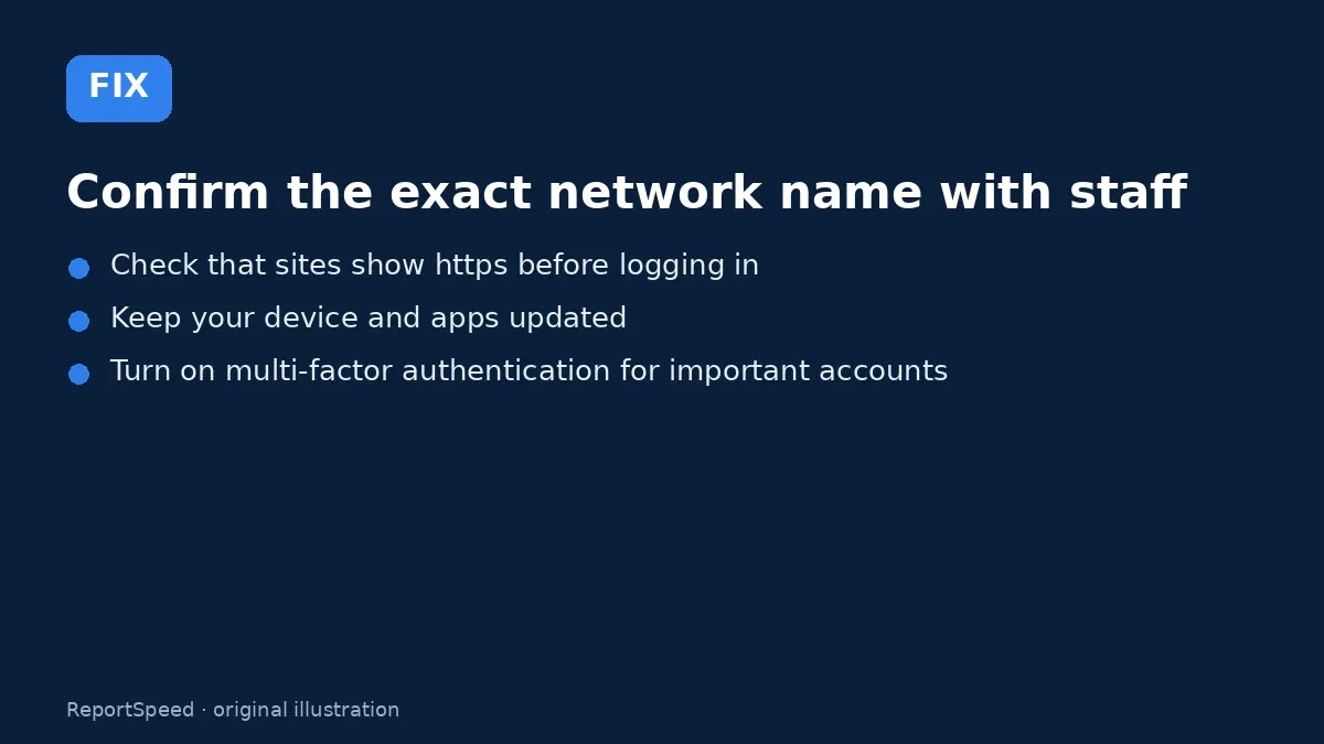 Fix steps: Confirm the exact network name with staff; Check that sites show https before logging in; Keep your device and apps updated