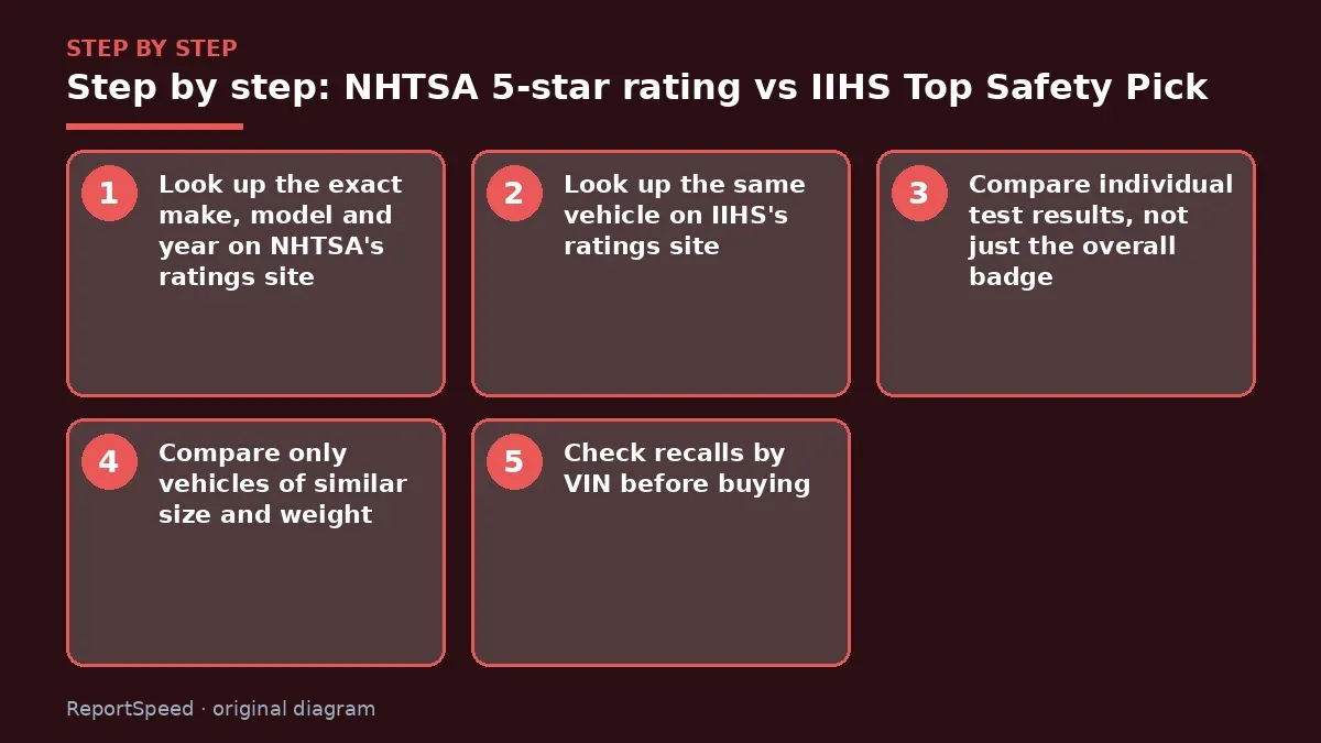Step illustration: numbered steps for NHTSA 5-star rating vs IIHS Top Safety Pick