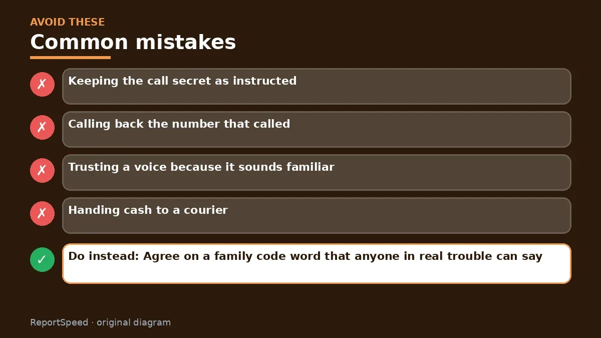 Callout graphic of common mistakes to avoid and what to do instead for A call says my grandson is in jail