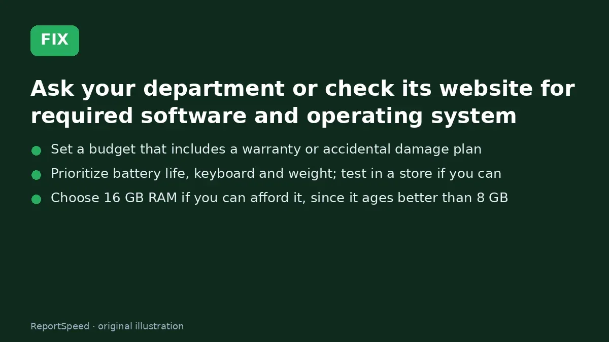 Fix steps: Ask your department or check its website for required…; Set a budget that includes a warranty or accidental damage…; Prioritize battery life