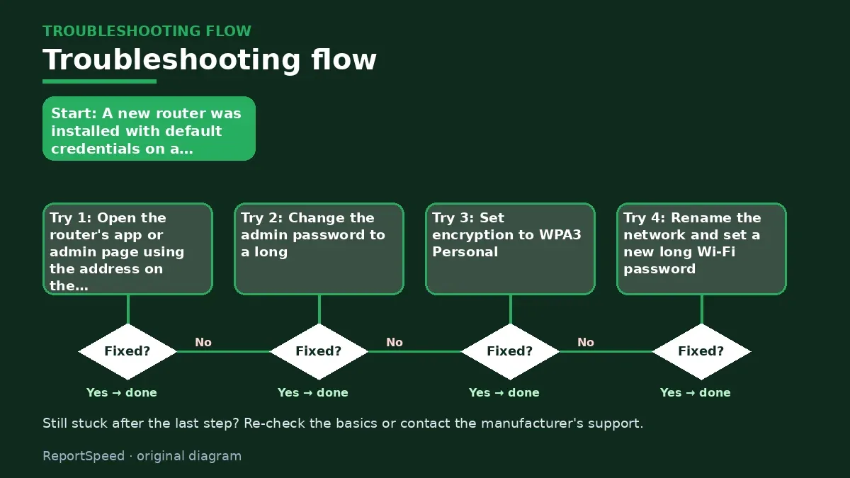 Troubleshooting flowchart: try each step in order and stop when it is fixed — How do I secure my home Wi-Fi router