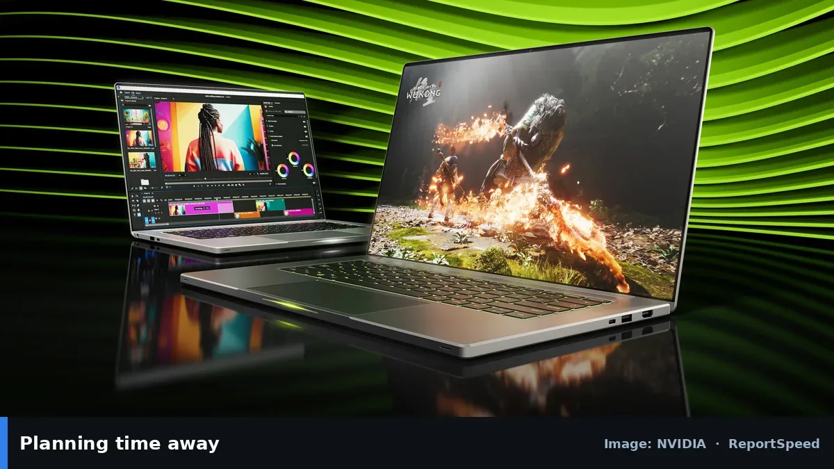 GeForce RTX 50 Series laptops (NVIDIA official image), annotated: Planning time away