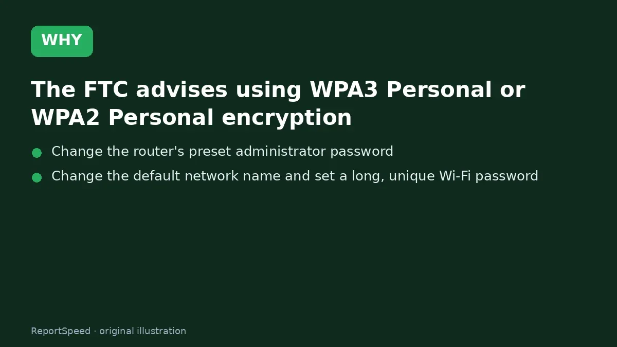 Cause: The FTC advises using WPA3 Personal or WPA2 Personal encryption