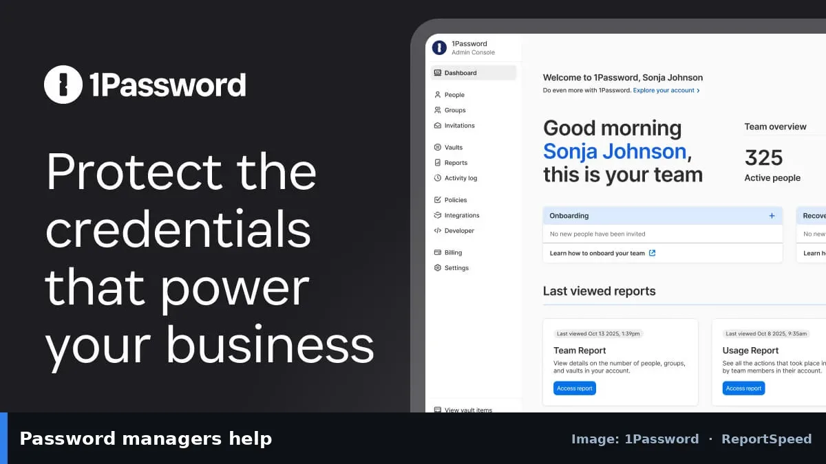 1Password app dashboard (1Password official image), annotated: Password managers help
