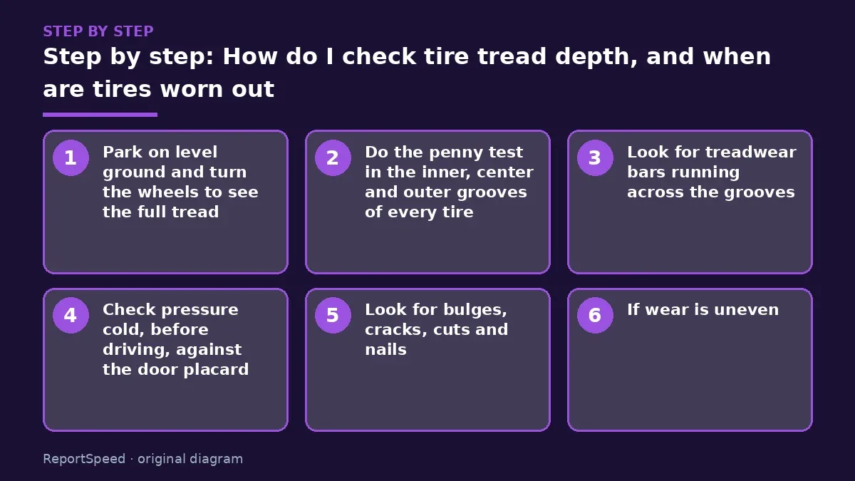 Step illustration: numbered steps for How do I check tire tread depth, and when are tires worn out