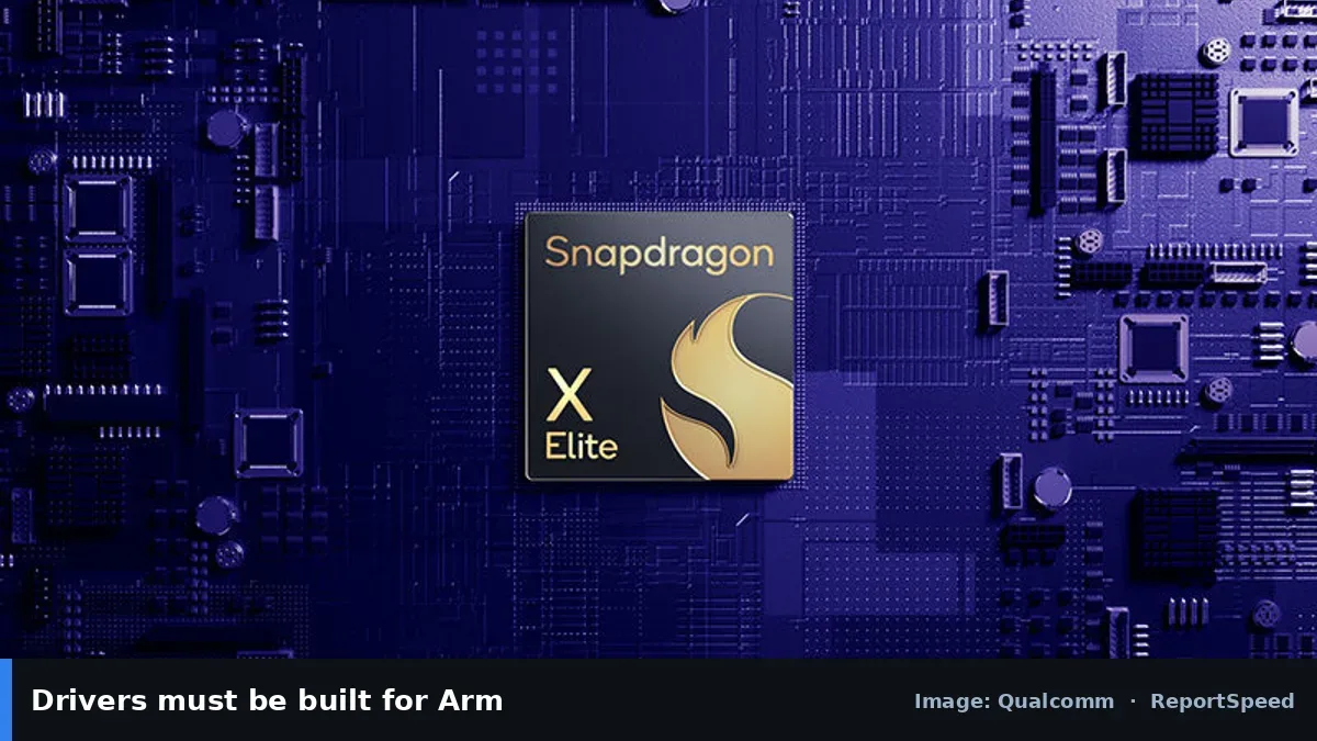 Snapdragon X Elite chip (Qualcomm official image), annotated: Drivers must be built for Arm