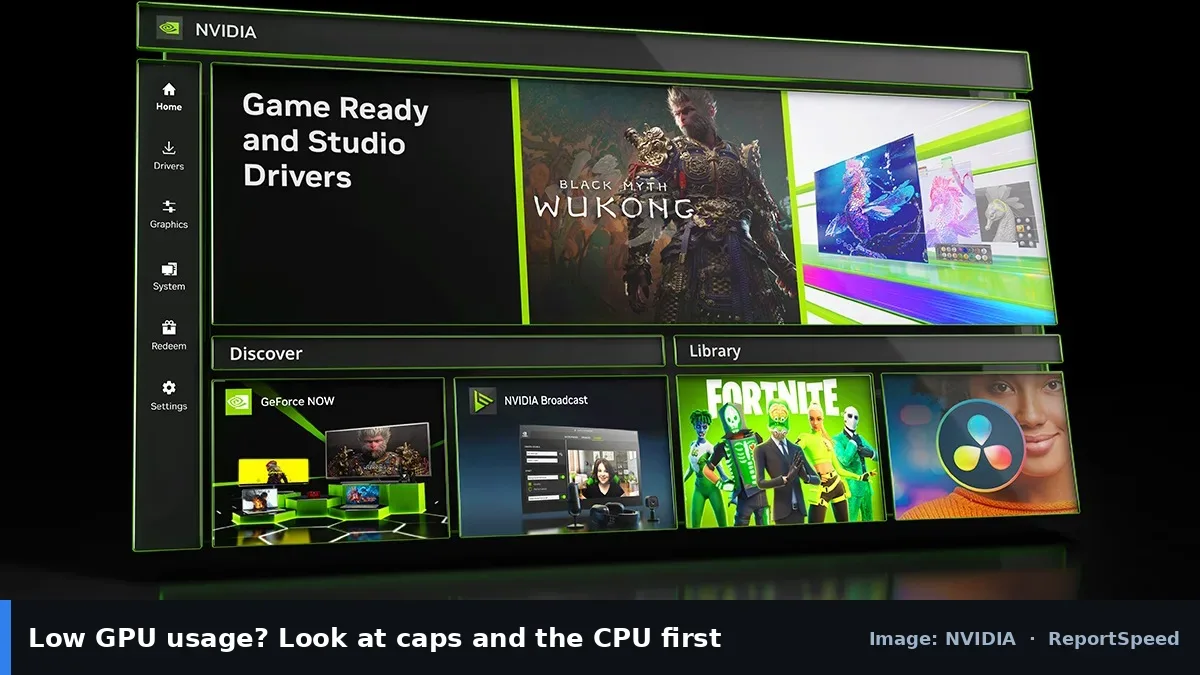NVIDIA app interface (NVIDIA official image), annotated: Low GPU usage? Look at caps and the CPU first