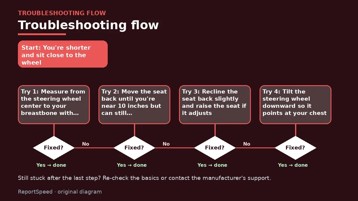 Troubleshooting flowchart: try each step in order and stop when it is fixed — How far should I sit from the steering wheel airbag