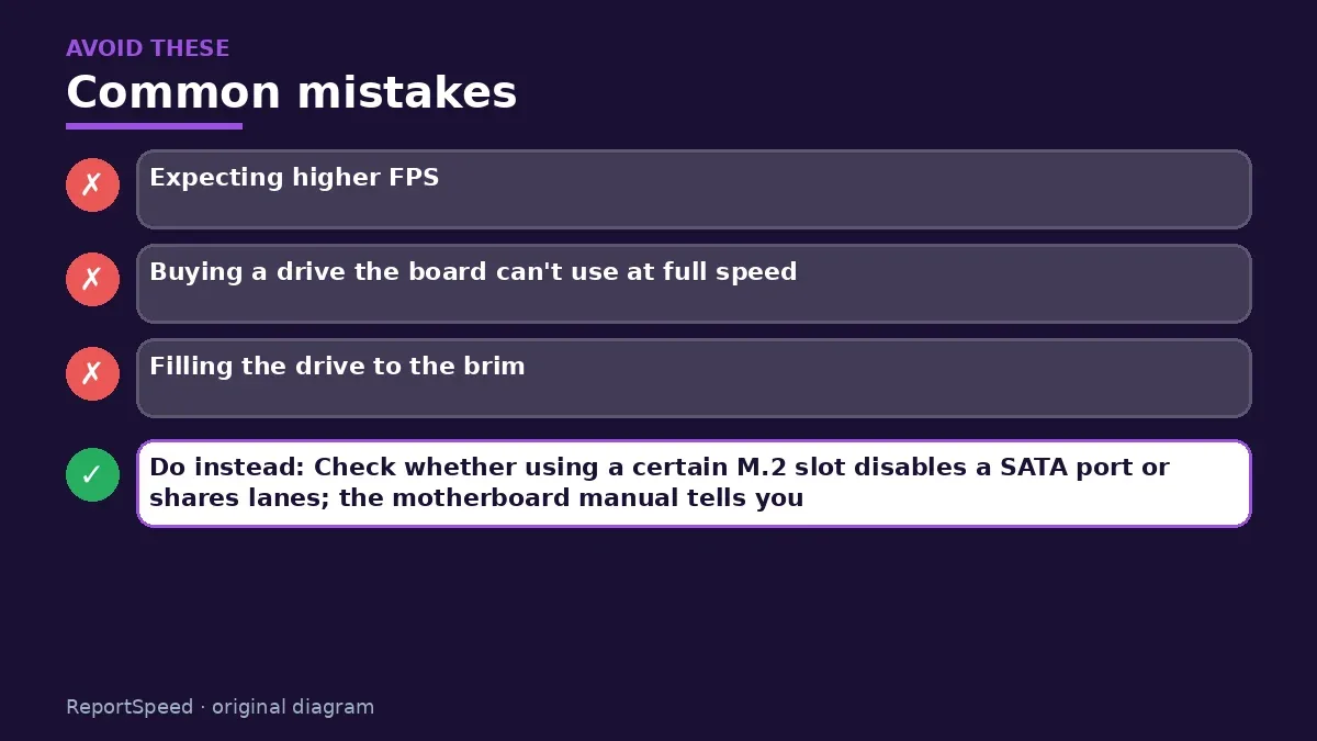 Callout graphic of common mistakes to avoid and what to do instead for Is upgrading from a SATA SSD to NVMe worth it for gaming
