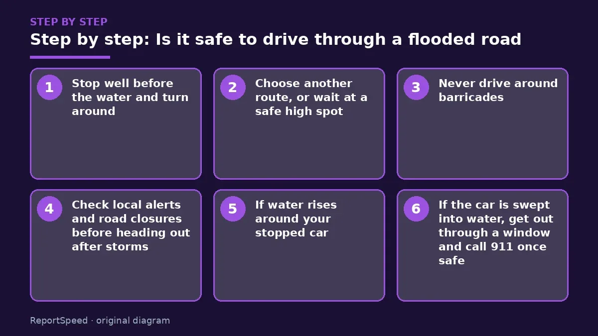 Step illustration: numbered steps for Is it safe to drive through a flooded road