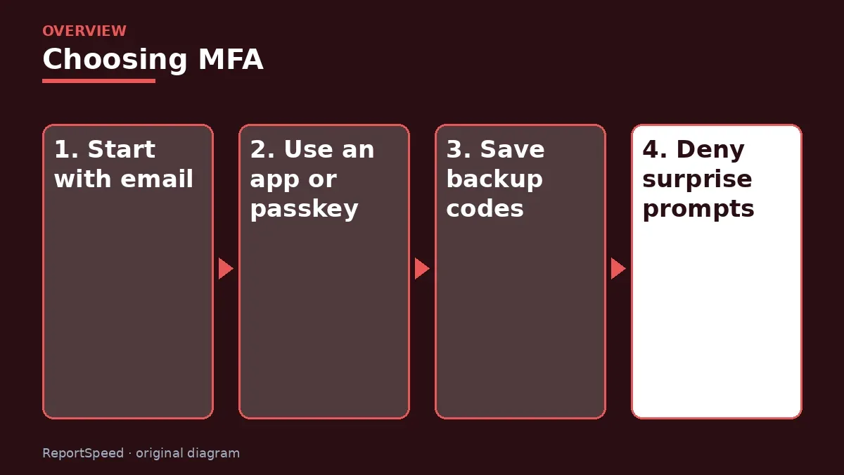 Overview diagram: Choosing MFA — Start with email; Use an app or passkey; Save backup codes; Deny surprise prompts