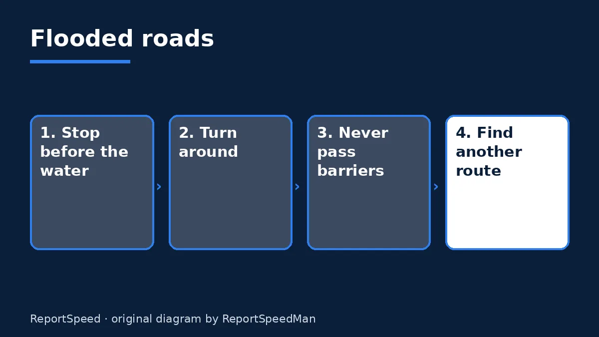 Diagram: Flooded roads — Stop before the water; Turn around; Never pass barriers; Find another route