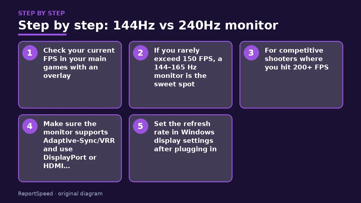 Step illustration: numbered steps for 144Hz vs 240Hz monitor
