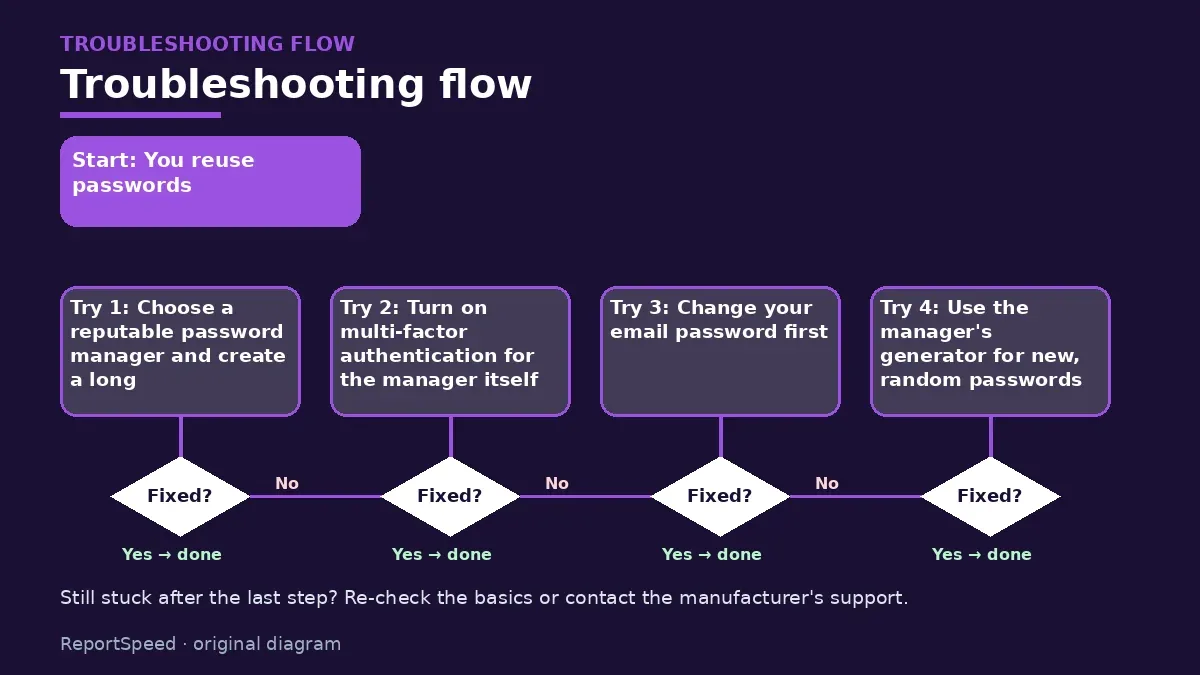 Troubleshooting flowchart: try each step in order and stop when it is fixed — Do I need a password manager, and is it safe to use one
