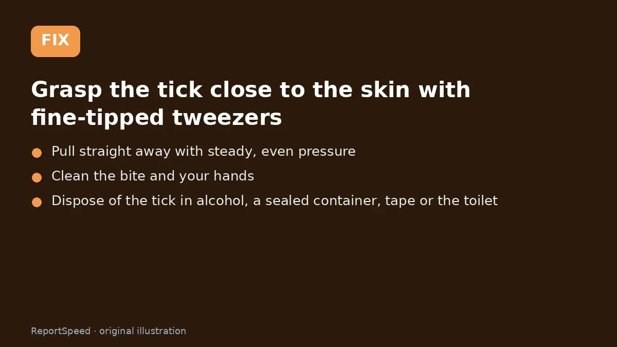 Fix steps: Grasp the tick close to the skin with fine-tipped tweezers; Pull straight away with steady, even pressure; Clean the bite and your hands