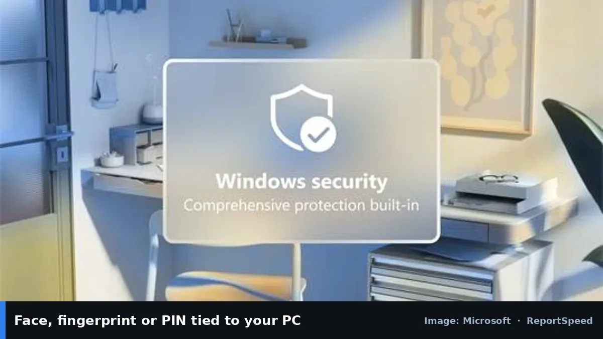 Windows Hello sign-in (Microsoft official image), annotated: Face, fingerprint or PIN tied to your PC