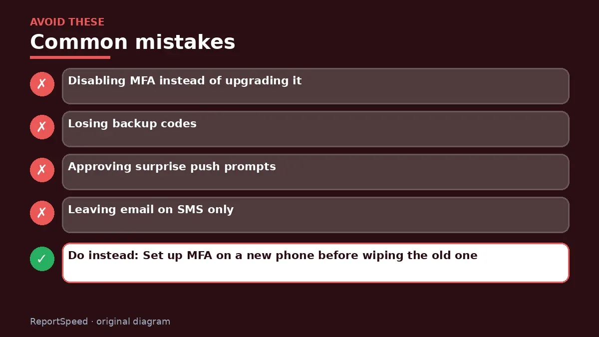 Callout graphic of common mistakes to avoid and what to do instead for Text message codes vs authenticator apps