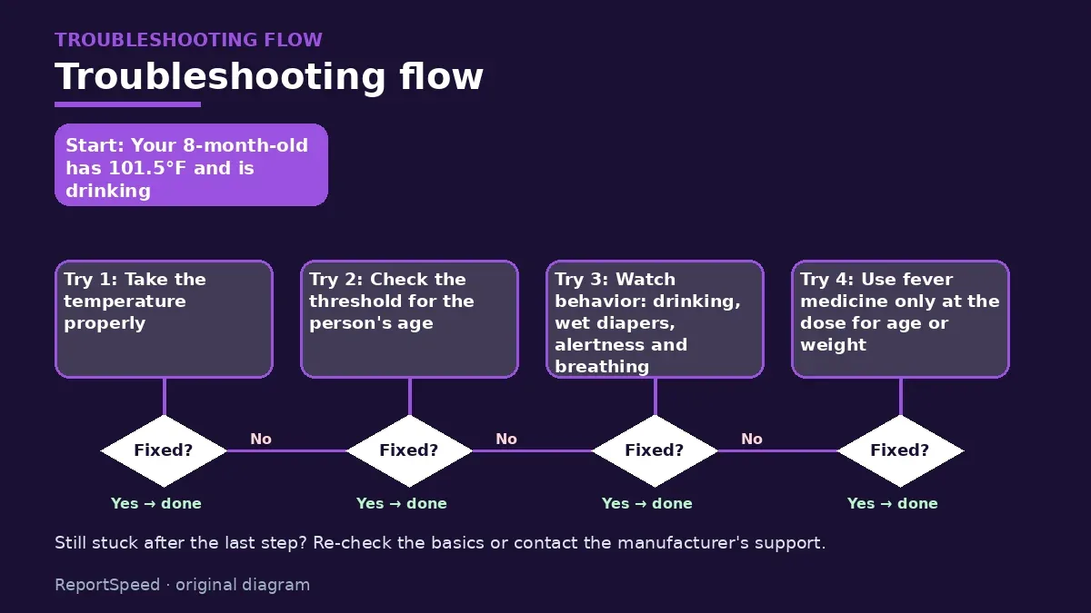Troubleshooting flowchart: try each step in order and stop when it is fixed — Fever