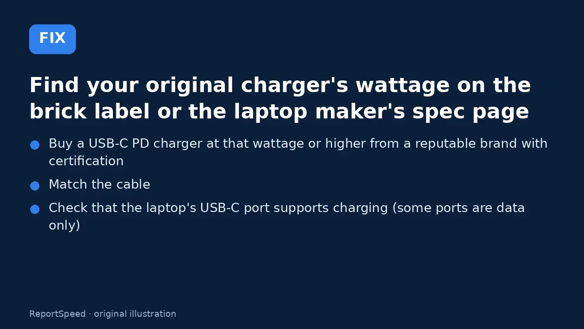 Fix steps: Find your original charger's wattage on the brick label or…; Buy a USB-C PD charger at that wattage or higher from a…; Match the cable