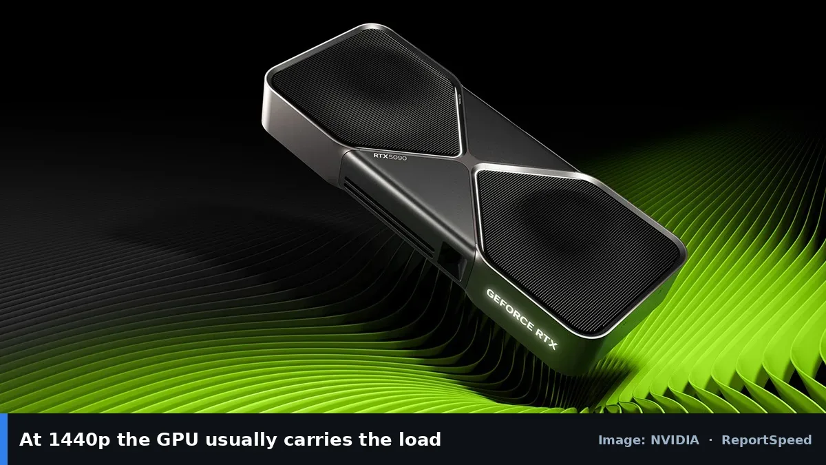 GeForce RTX 50 Series graphics card (NVIDIA official image), annotated: At 1440p the GPU usually carries the load