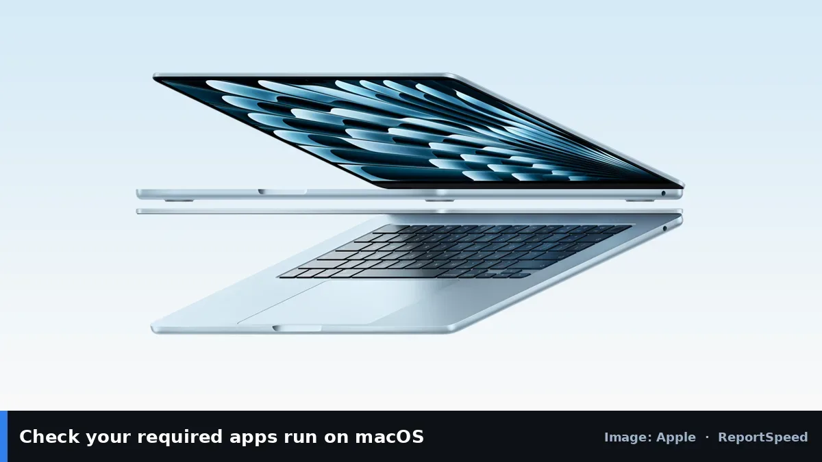 MacBook Air (Apple official image), annotated: Check your required apps run on macOS