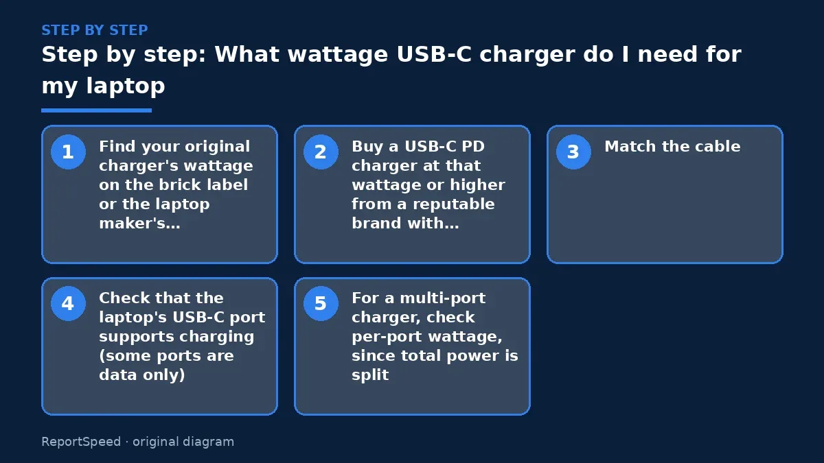Step illustration: numbered steps for What wattage USB-C charger do I need for my laptop