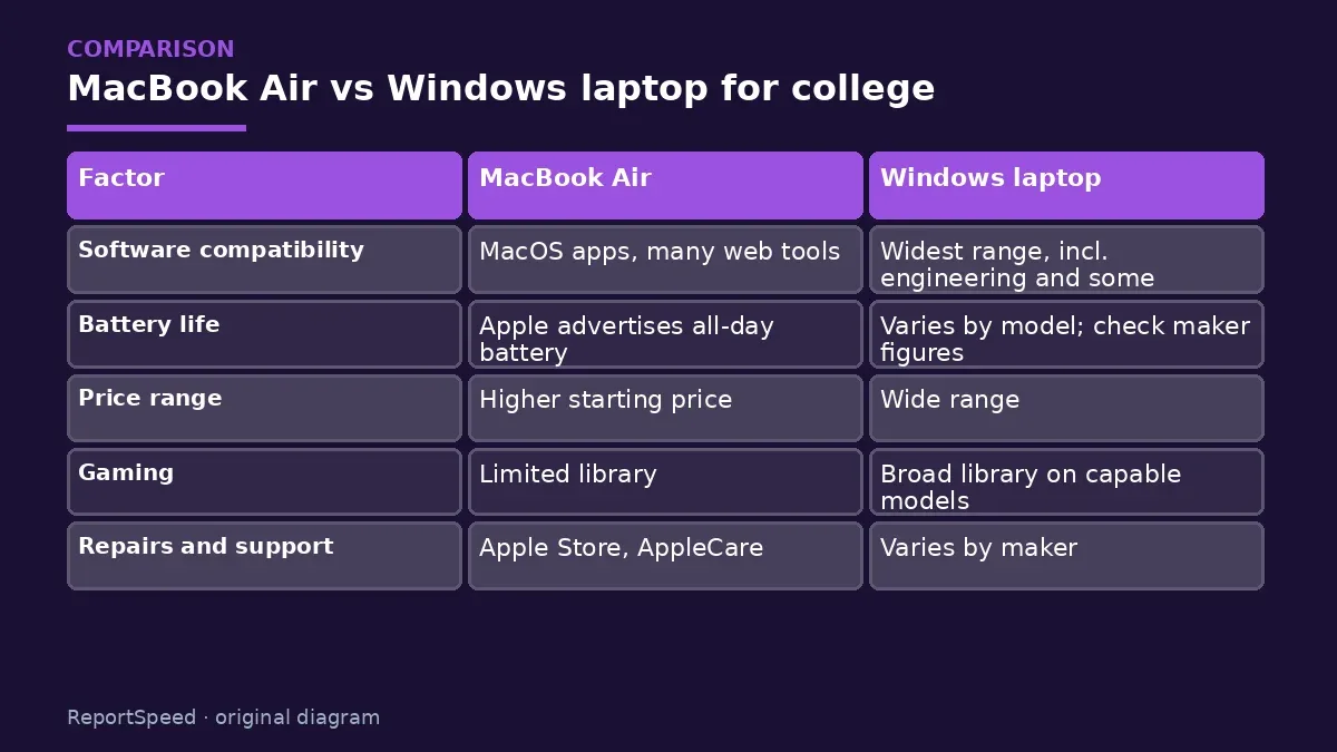 Comparison chart: MacBook Air vs Windows laptop for college