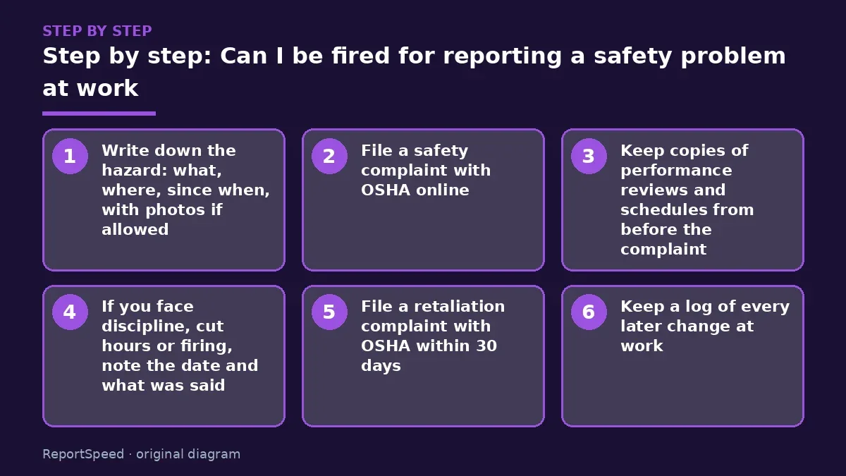 Step illustration: numbered steps for Can I be fired for reporting a safety problem at work