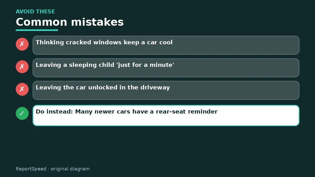 Callout graphic of common mistakes to avoid and what to do instead for Hot car safety