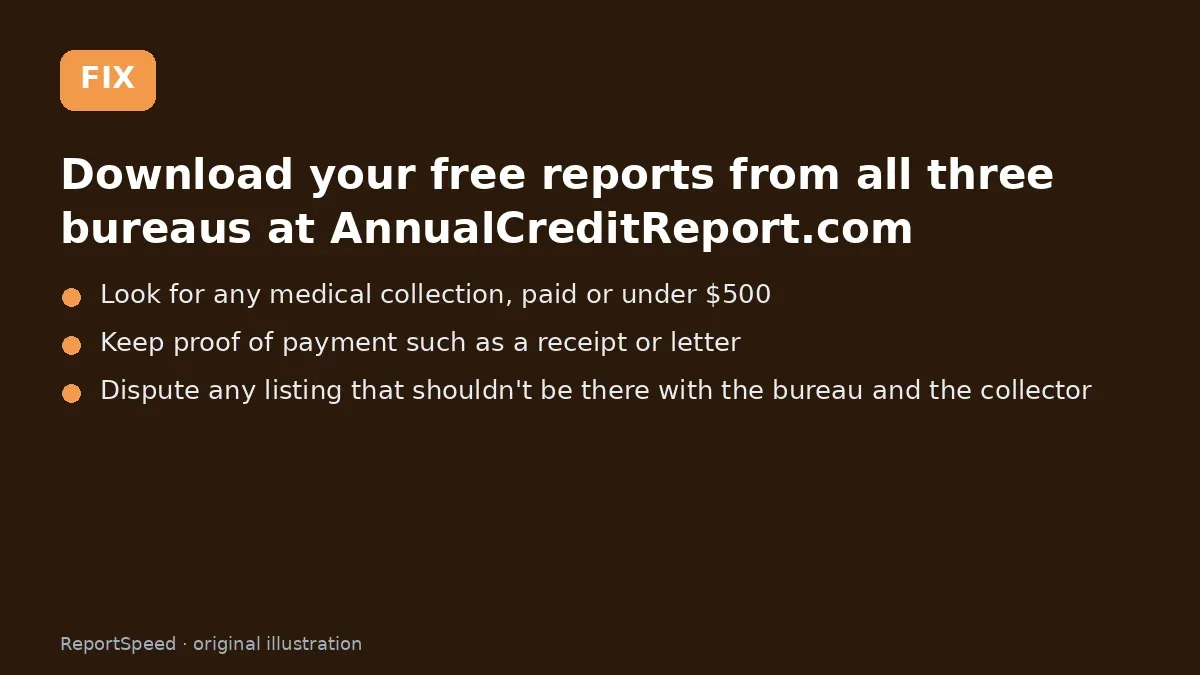Fix steps: Download your free reports from all three bureaus at…; Look for any medical collection, paid or under $500; Keep proof of payment such as a receipt or letter