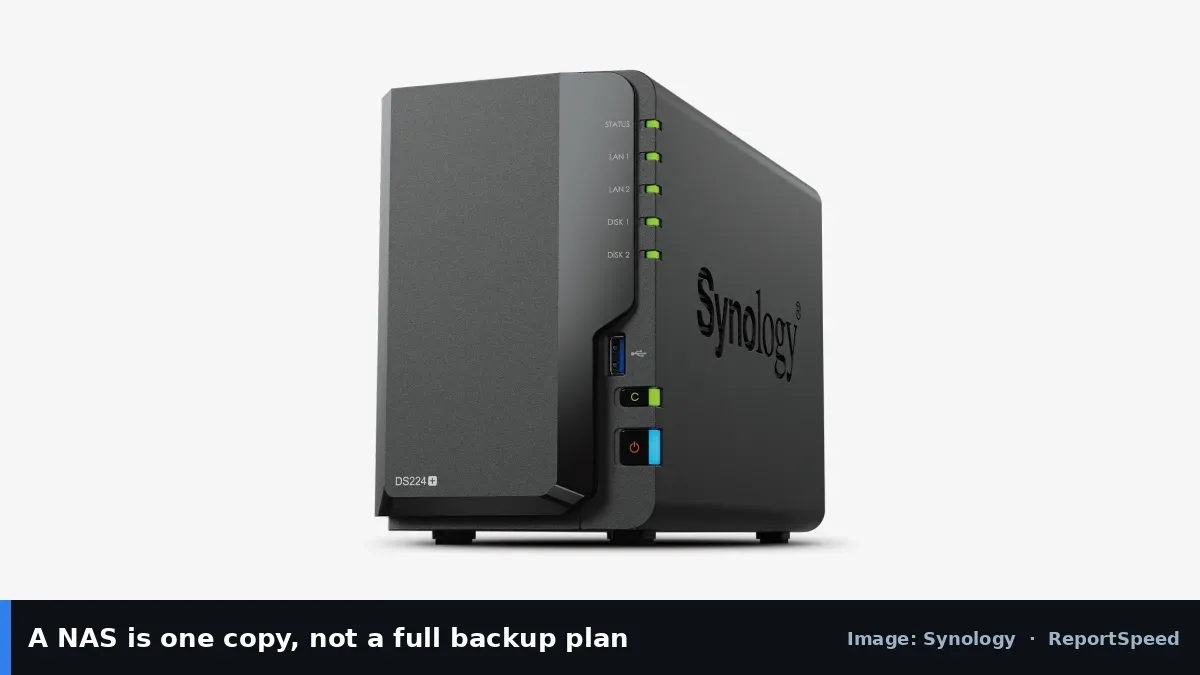 Synology DiskStation DS224+ NAS (Synology official image), annotated: A NAS is one copy, not a full backup plan