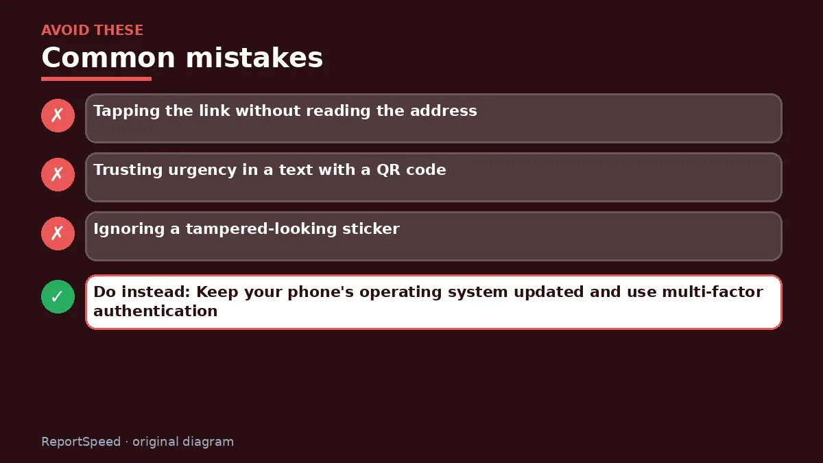 Callout graphic of common mistakes to avoid and what to do instead for QR code scams