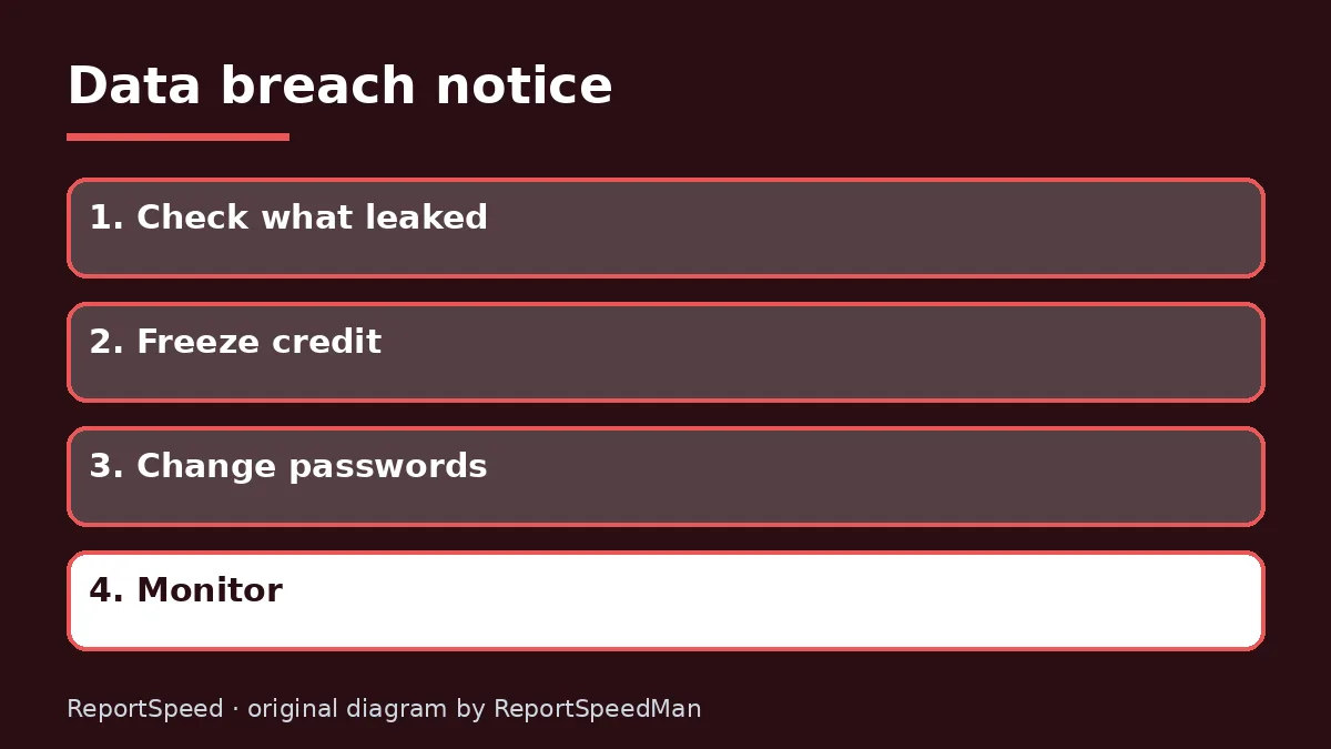 Diagram: Data breach notice — Check what leaked; Freeze credit; Change passwords; Monitor