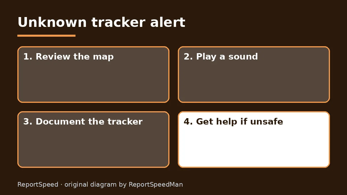 Diagram: Unknown tracker alert — Review the map; Play a sound; Document the tracker; Get help if unsafe