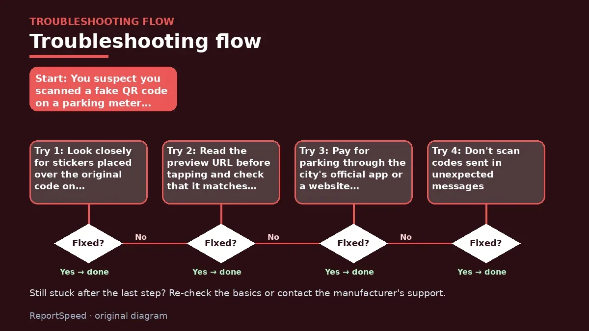 Troubleshooting flowchart: try each step in order and stop when it is fixed — QR code scams