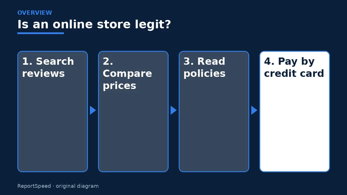 Overview diagram: Is an online store legit? — Search reviews; Compare prices; Read policies; Pay by credit card