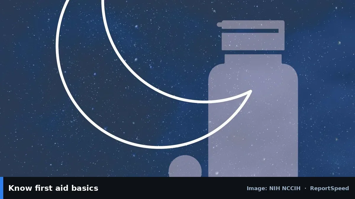 NCCIH illustration of a moon and supplement bottle (NIH NCCIH official image), annotated: Know first aid basics