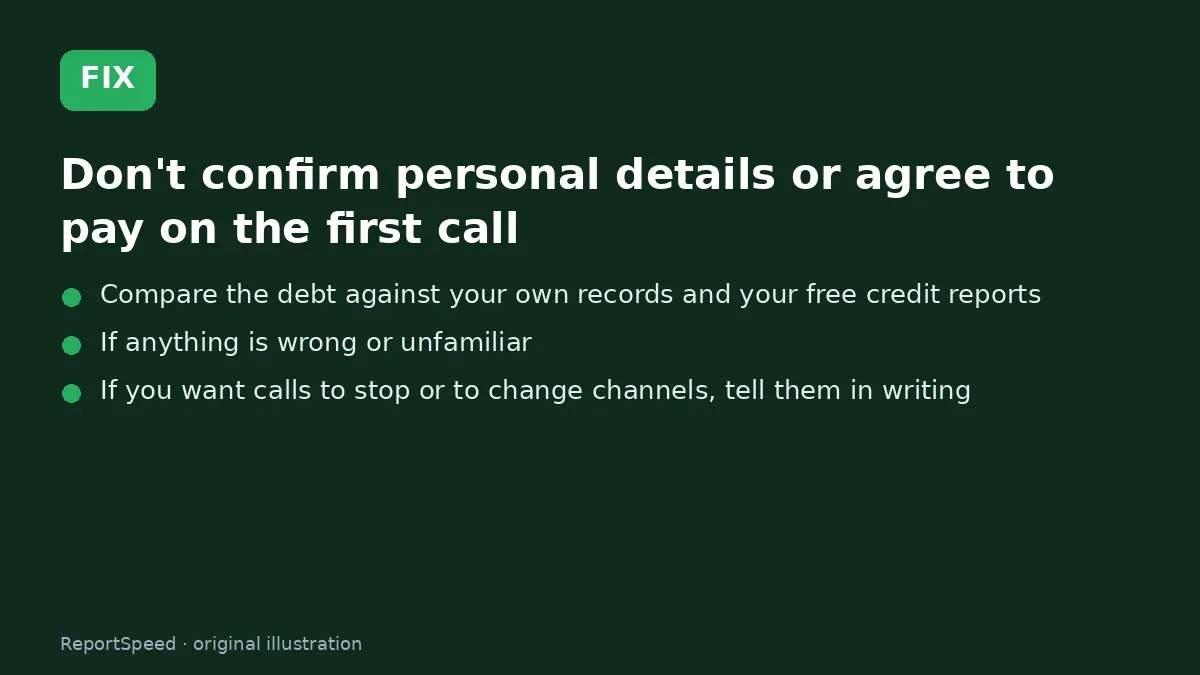 Fix steps: Don't confirm personal details or agree to pay on the first…; Compare the debt against your own records and your free…; If anything is wrong or unfamiliar