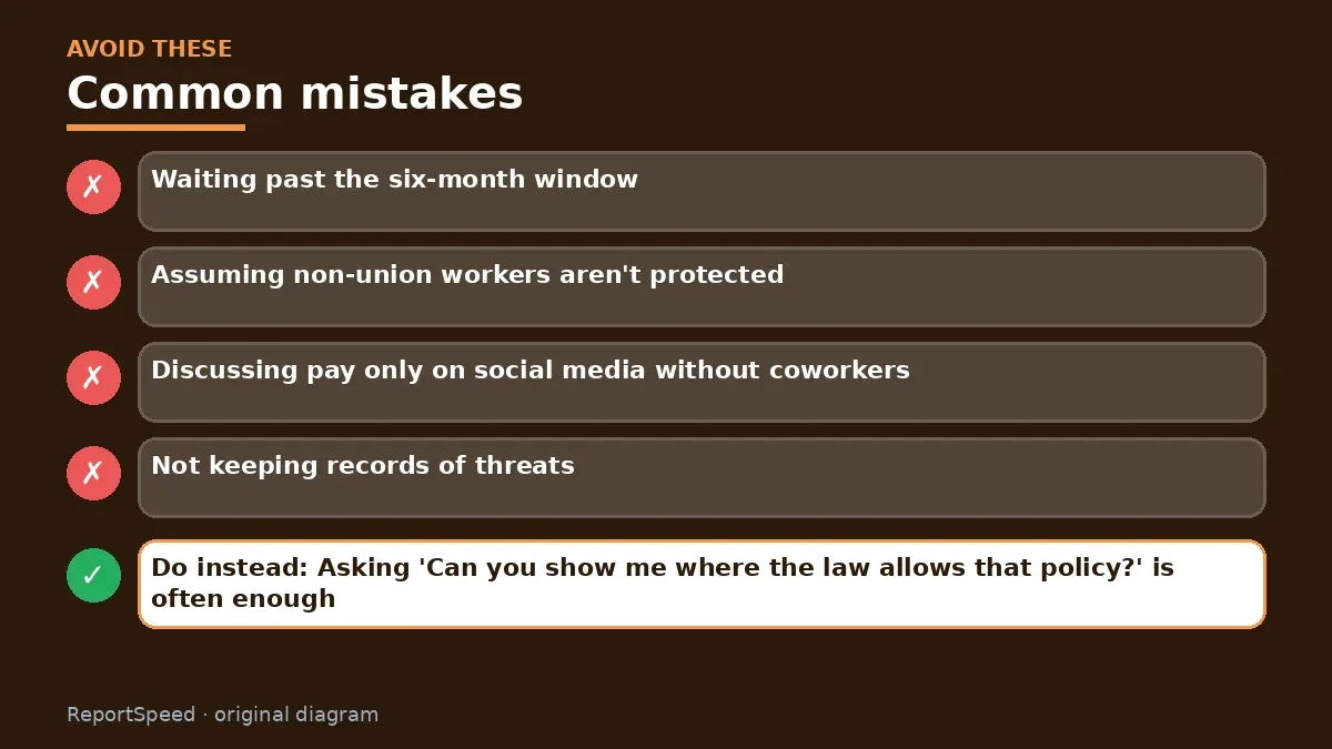 Callout graphic of common mistakes to avoid and what to do instead for Can my employer stop me from discussing my pay with coworkers