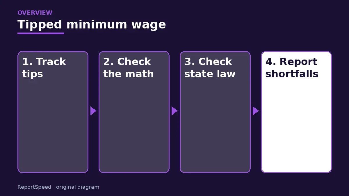 Overview diagram: Tipped minimum wage — Track tips; Check the math; Check state law; Report shortfalls