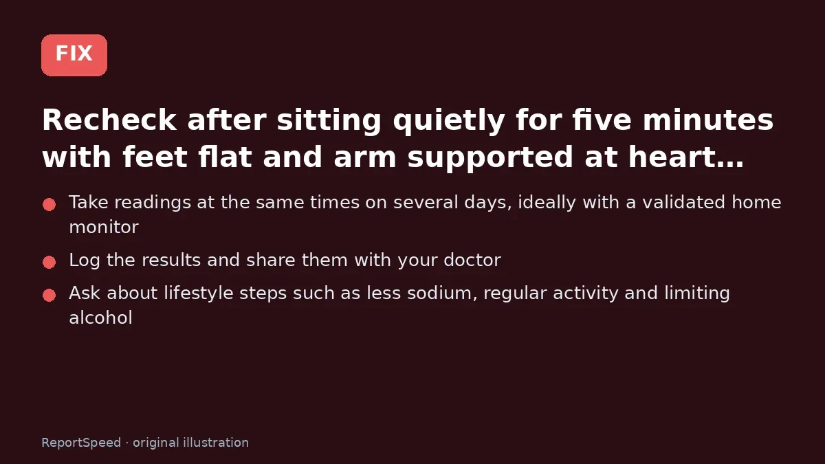 Fix steps: Recheck after sitting quietly for five minutes with feet…; Take readings at the same times on several days; Log the results and share them with your doctor