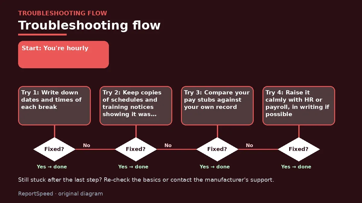 Troubleshooting flowchart: try each step in order and stop when it is fixed — Does my employer have to pay for breaks, training and waiting time