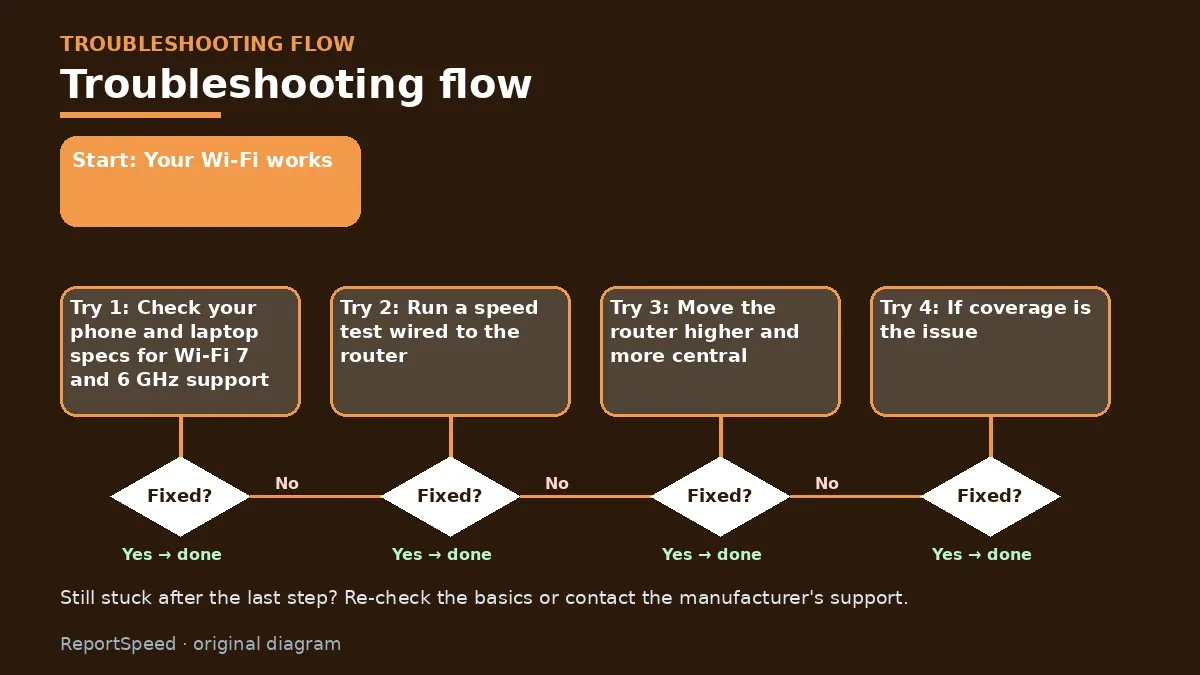 Troubleshooting flowchart: try each step in order and stop when it is fixed — Is a Wi-Fi 7 router worth upgrading to